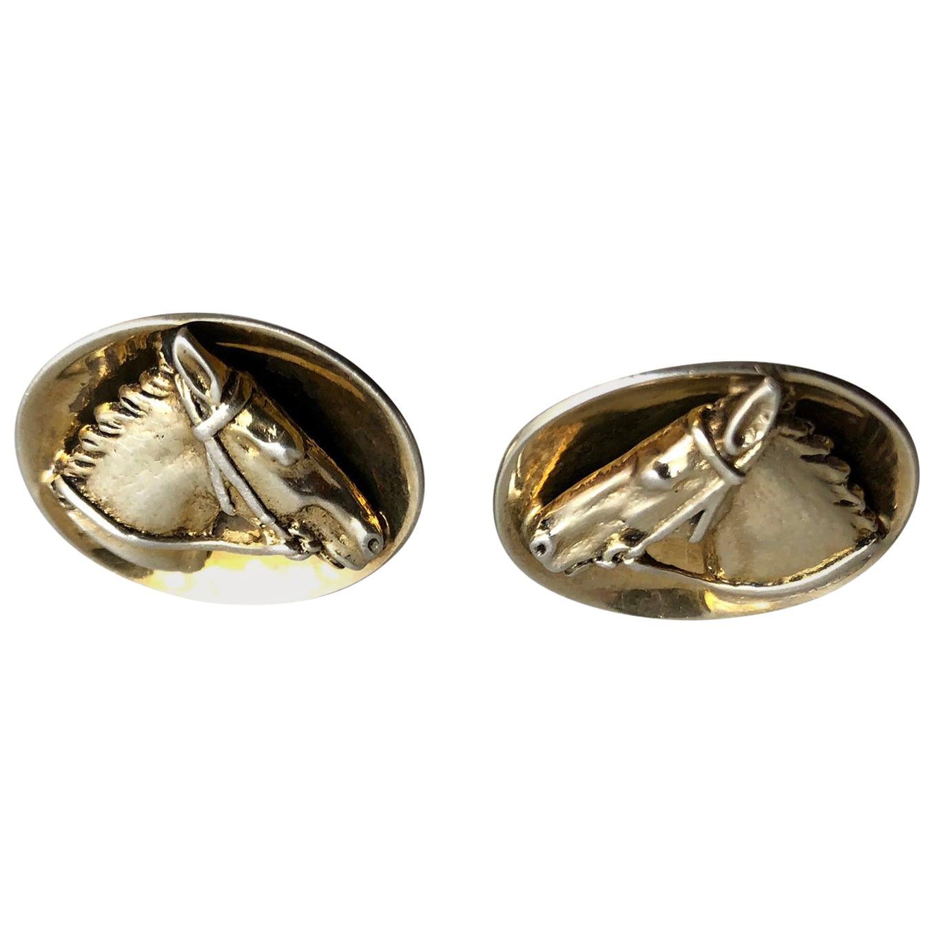 1960s European Silver Vermeil Equestrian Horse Head Cufflinks