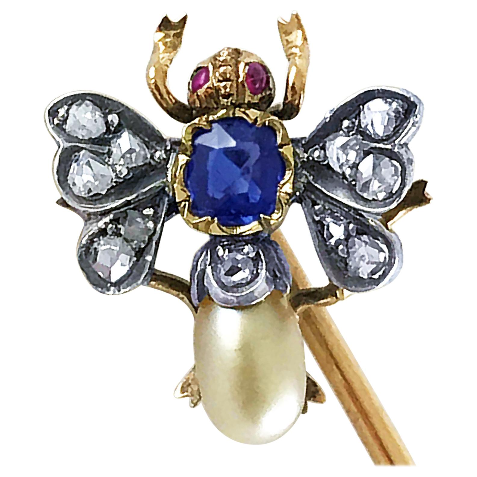 Victorian Pearl Sapphire Ruby Diamond Bee/Insect/Bug Stick Pin, circa 1880
