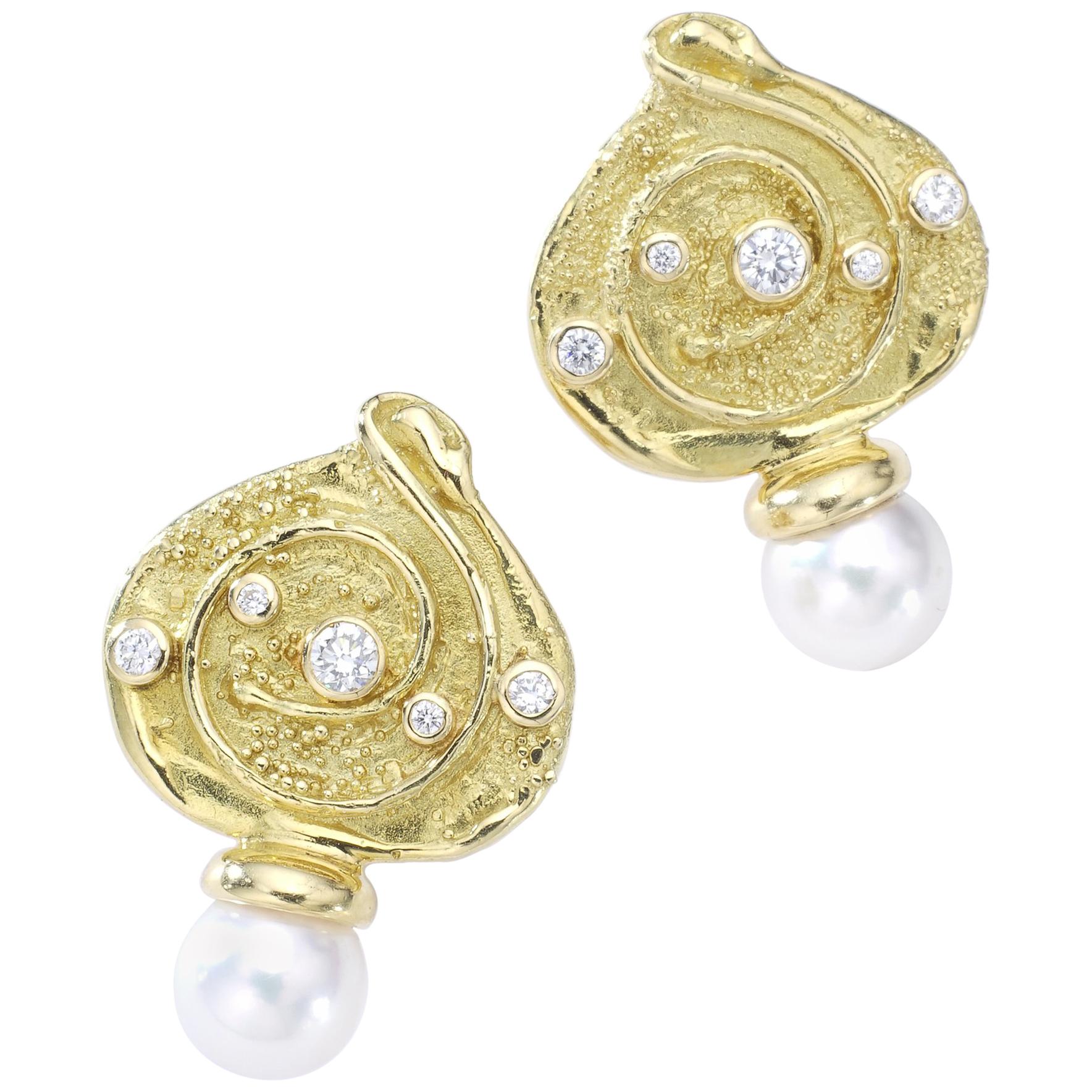 Elizabeth Gage Diamond Pearl Yellow Gold Earrings