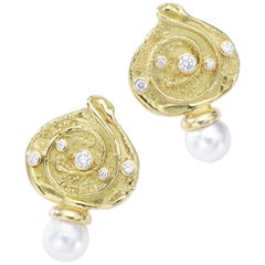 Elizabeth Gage Diamond Pearl Yellow Gold Earrings