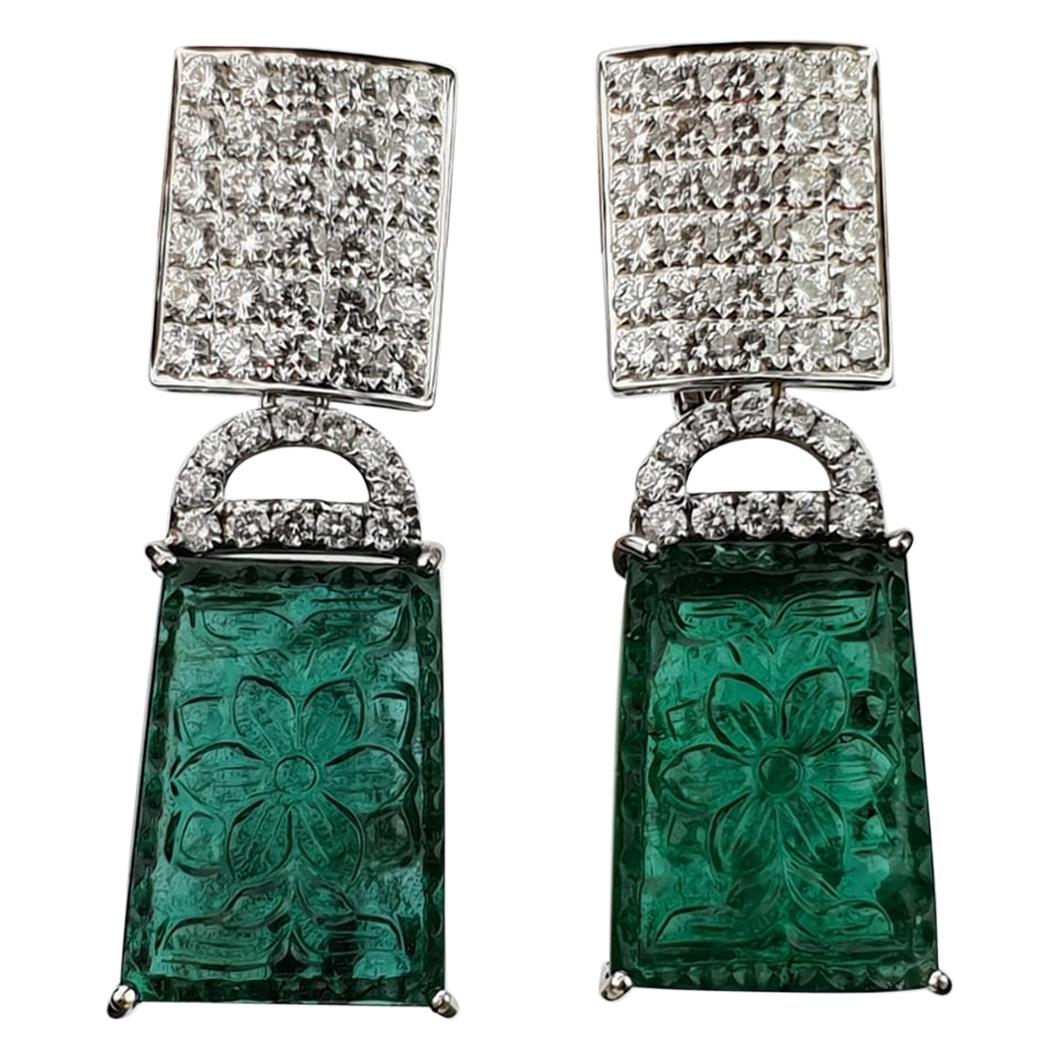 36.20 Carat Carved Emerald and Diamond Dangle Earrings