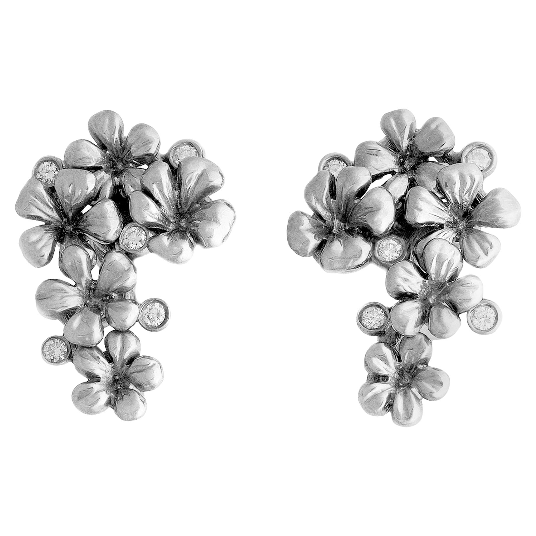White Gold Plated Blossom Clip-On Earrings with Diamonds by the Artist For Sale