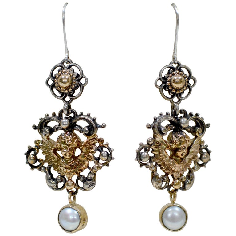 Jill Garber Gold Angel Drop Earrings with Freshwater Pearls For Sale at  1stDibs