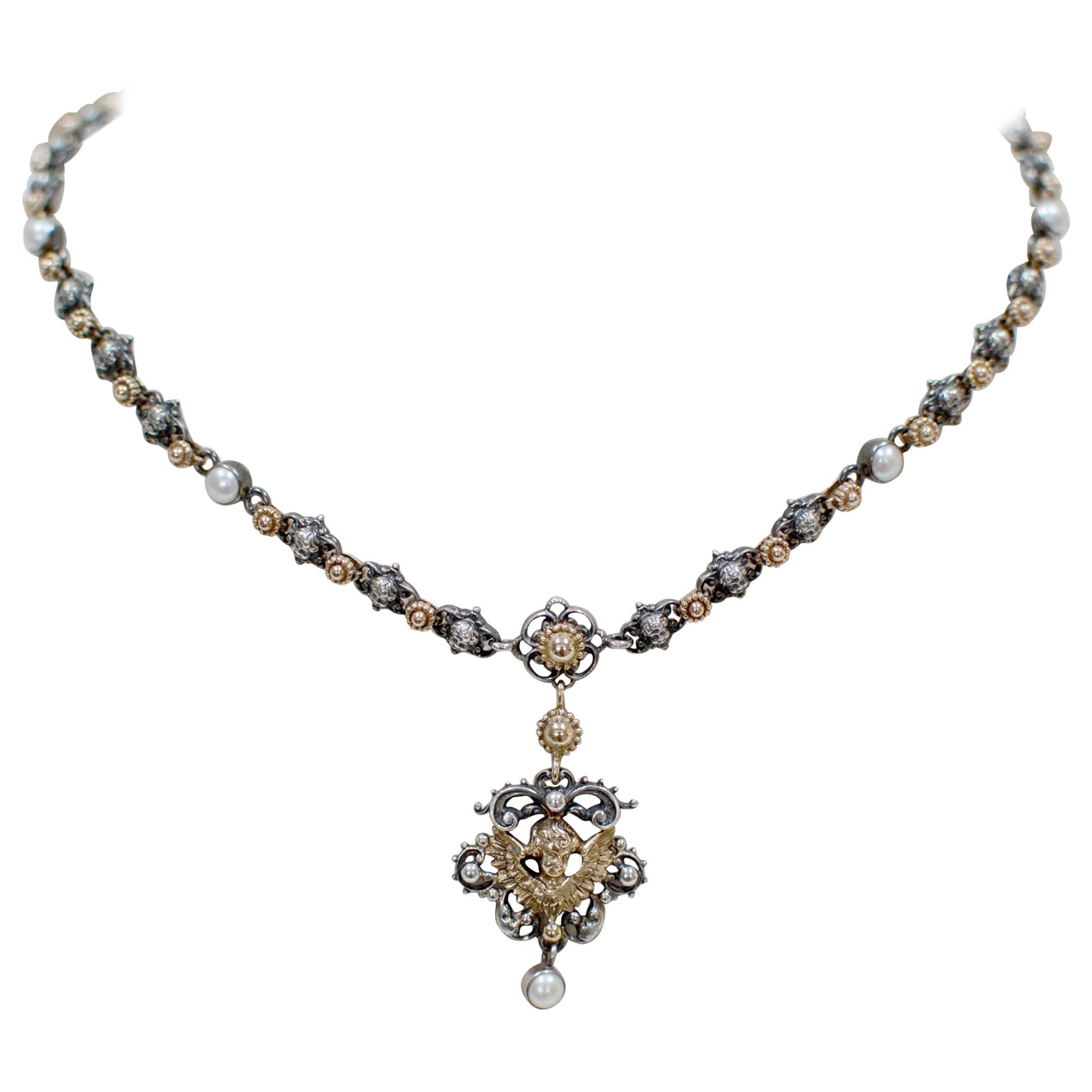 Jill Garber Gold, Silver and Pearl Angel Drop Necklace
