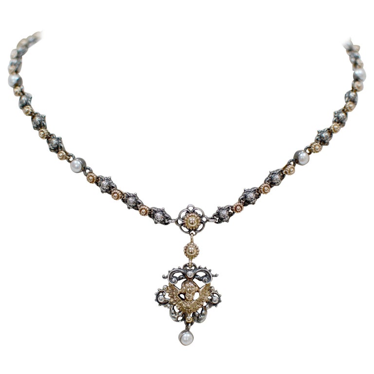 Jill Garber Gold, Silver and Pearl Angel Drop Necklace For Sale at 1stDibs