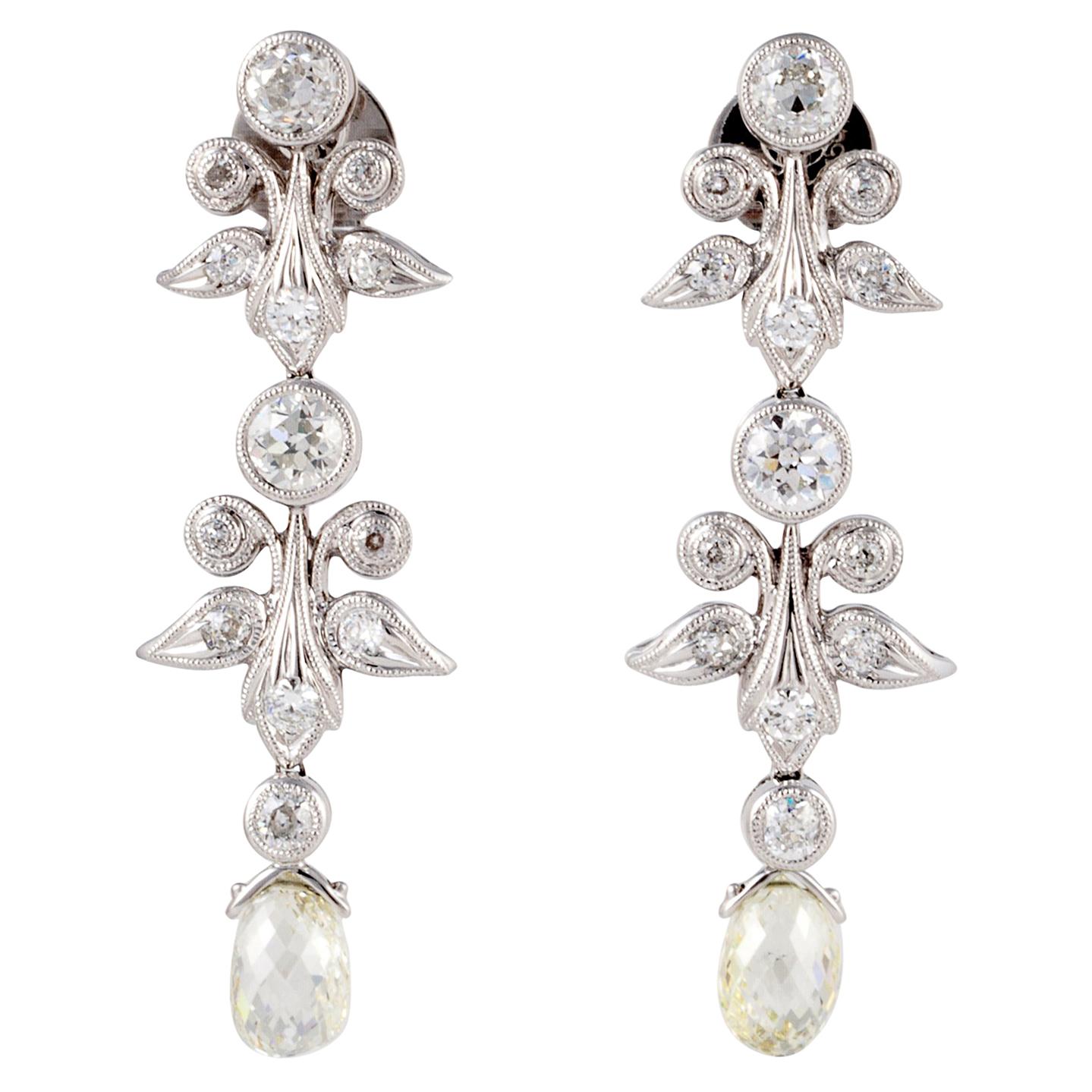 18K White Gold Garland Style Diamond Earrings with Briolette Drops