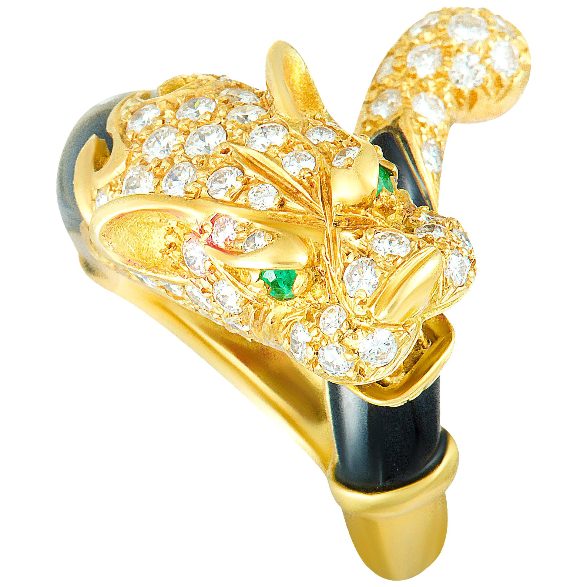 J. P. Bellin Diamonds, 2 Emeralds, and Onyx Yellow Gold Panther Ring