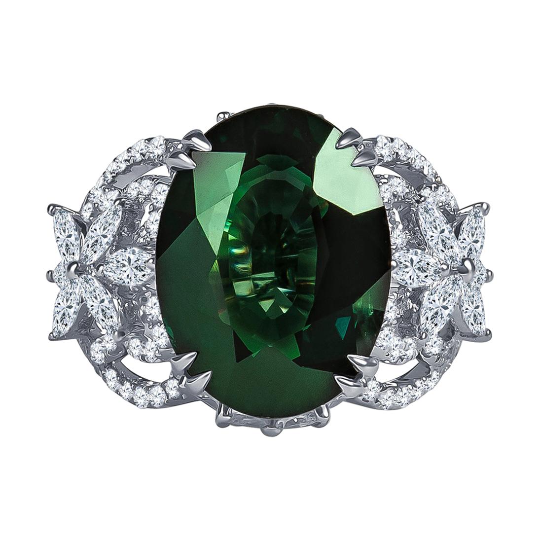14.14 Carat Natural Green Sapphire Ring ‘GRS’ with 1.23 Carat Marquise Diamonds