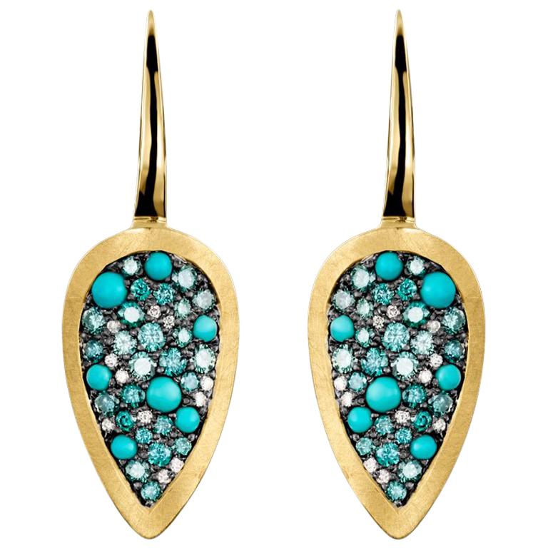 Joke Quick 18K Yellow Gold Turquoise, 0, 36 Carat Blue & White Diamond Earrings.