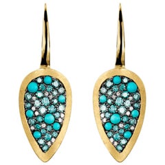 Joke Quick 18K Yellow Gold Turquoise, 0, 36 Carat Blue & White Diamond Earrings.