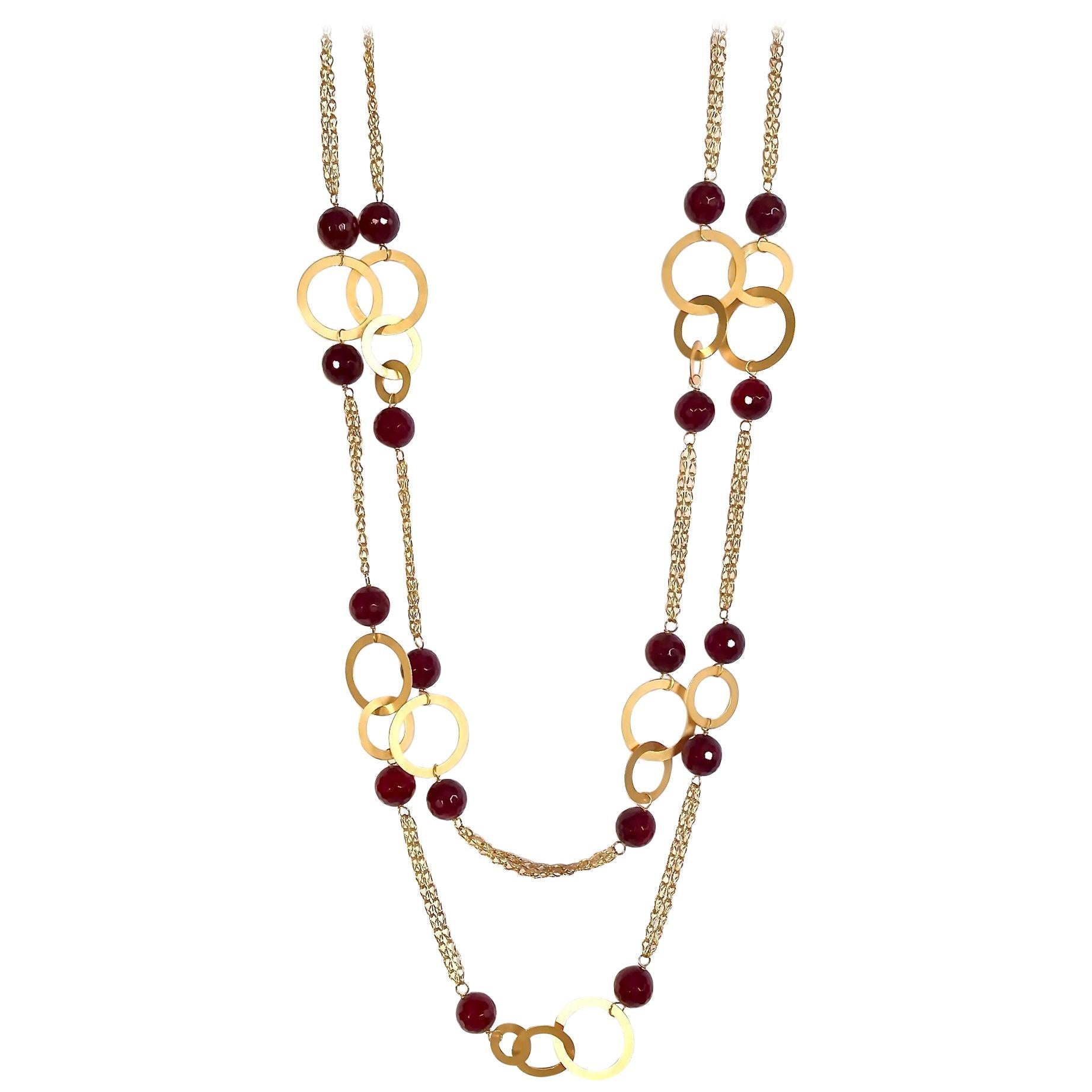 18 Karat Solid Yellow Gold Handmade Cranberry Agate Chain Necklace For Sale