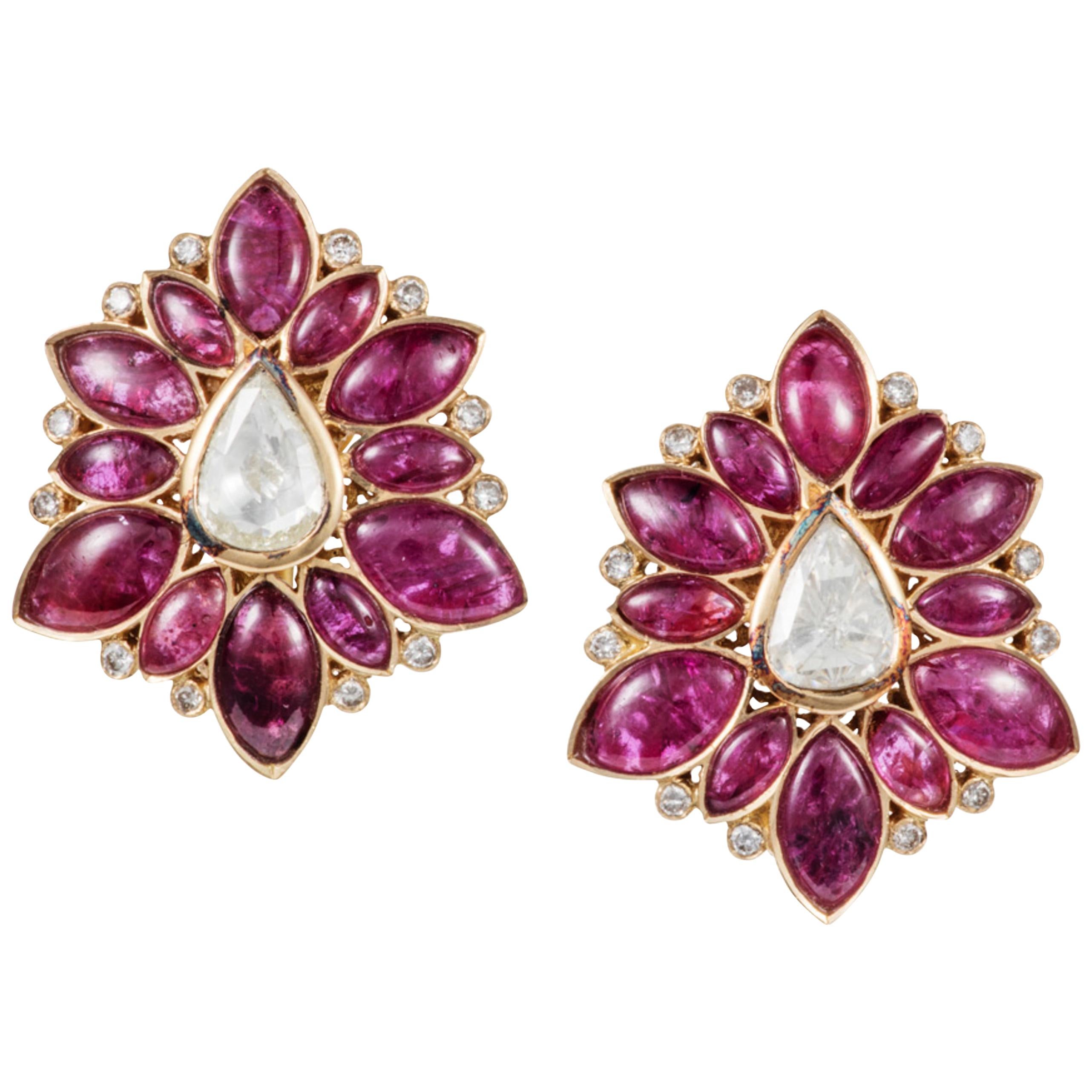 Manpriya B Marquise Ruby and Rose-Cut Diamond 18 Karat Gold Stud Earrings  For Sale