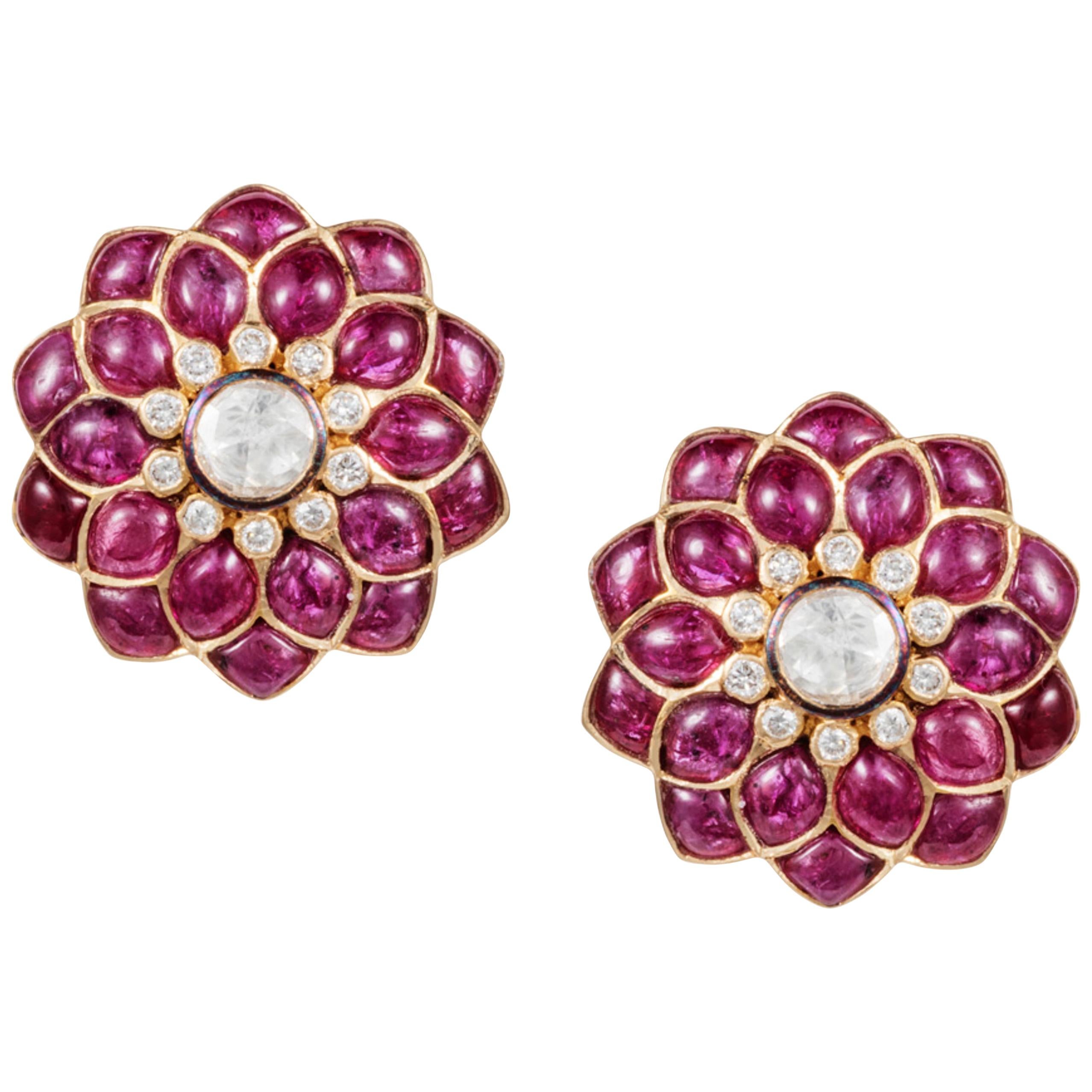 Manpriya B Ruby Cabochon and Rose-Cut Diamond 18 Karat Gold Stud Earrings For Sale