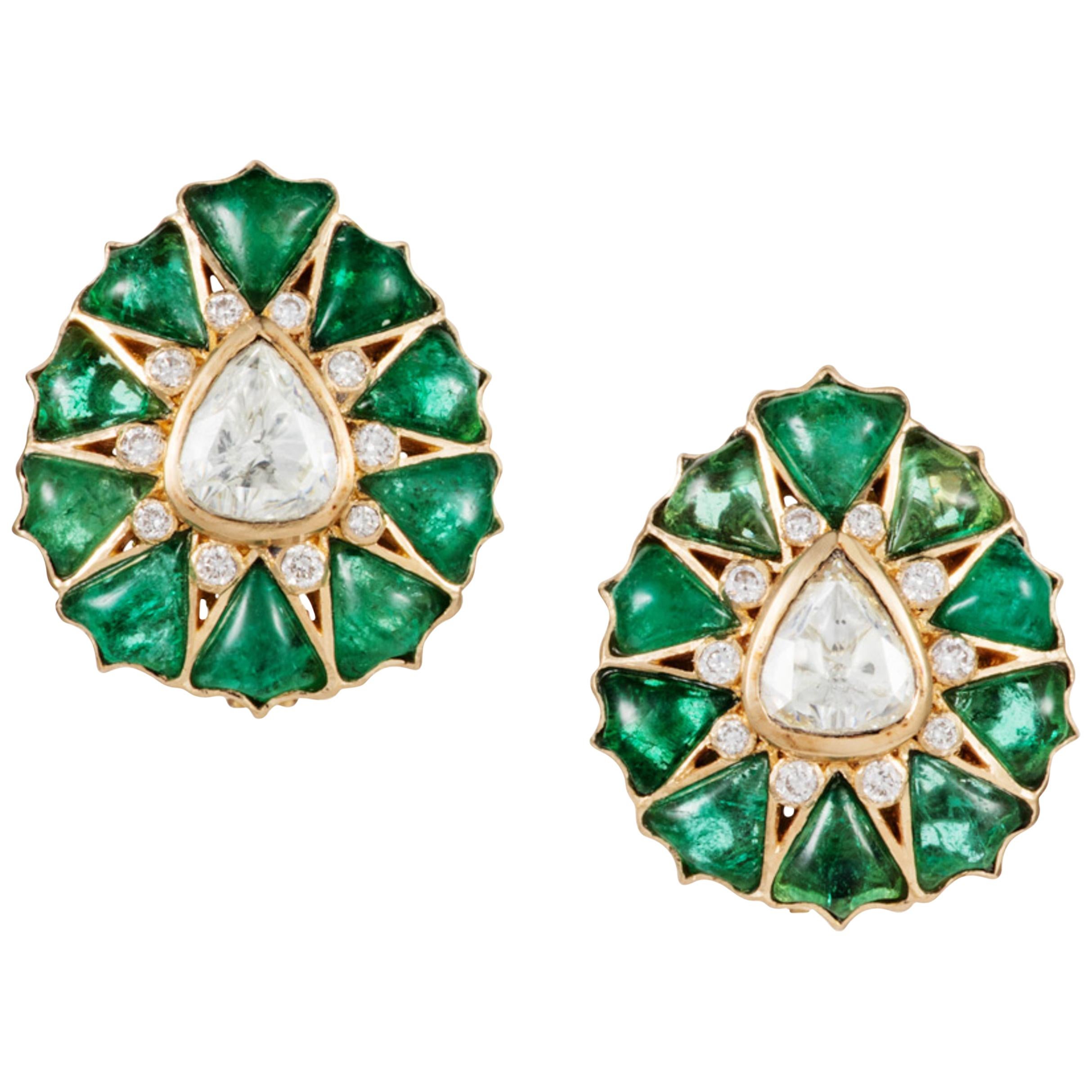 Manpriya B Fancy-cut Emerald and Rose-Cut Diamond Stud Earrings For Sale