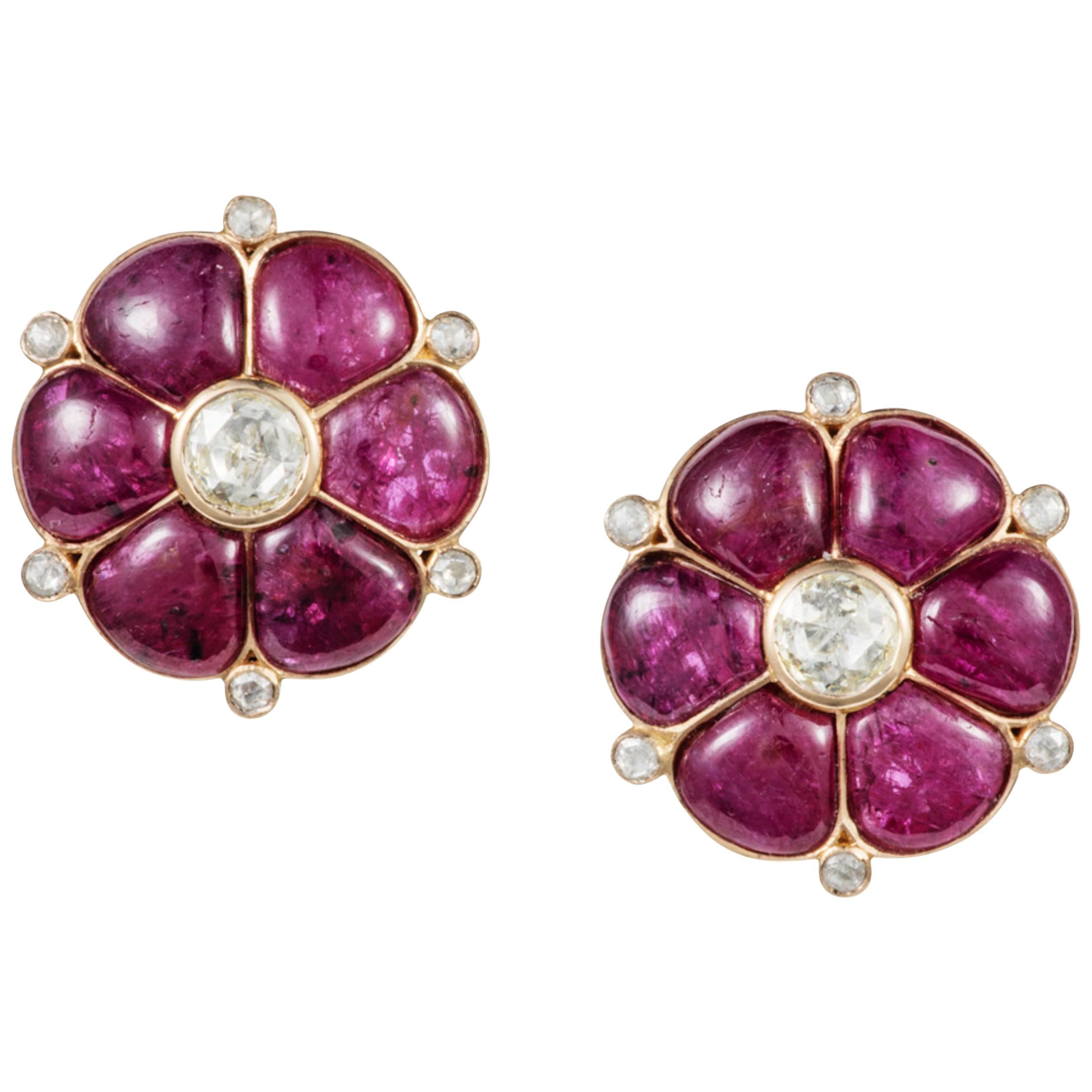Manpriya B Ruby & Rose Cut Diamond 18 Karat Gold Stud Clip On Earrings For Sale