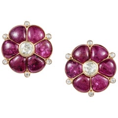 Manpriya B Ruby & Rose Cut Diamond 18 Karat Gold Stud Clip On Earrings