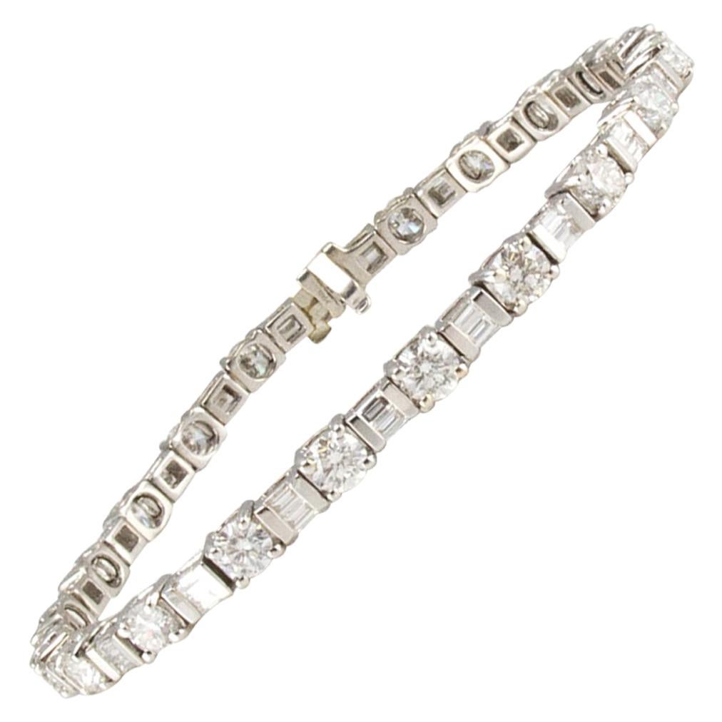6.50 Carat Total Round and Baguette Diamond White Gold Bracelet For Sale