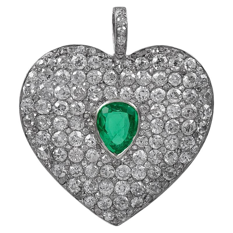Regal Antique Platinum Diamond and Emerald Heart