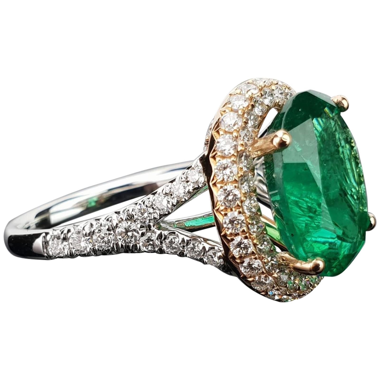 5.46 Carat Emerald and Diamond 18 Karat White and Rose Gold Cocktail Ring For Sale