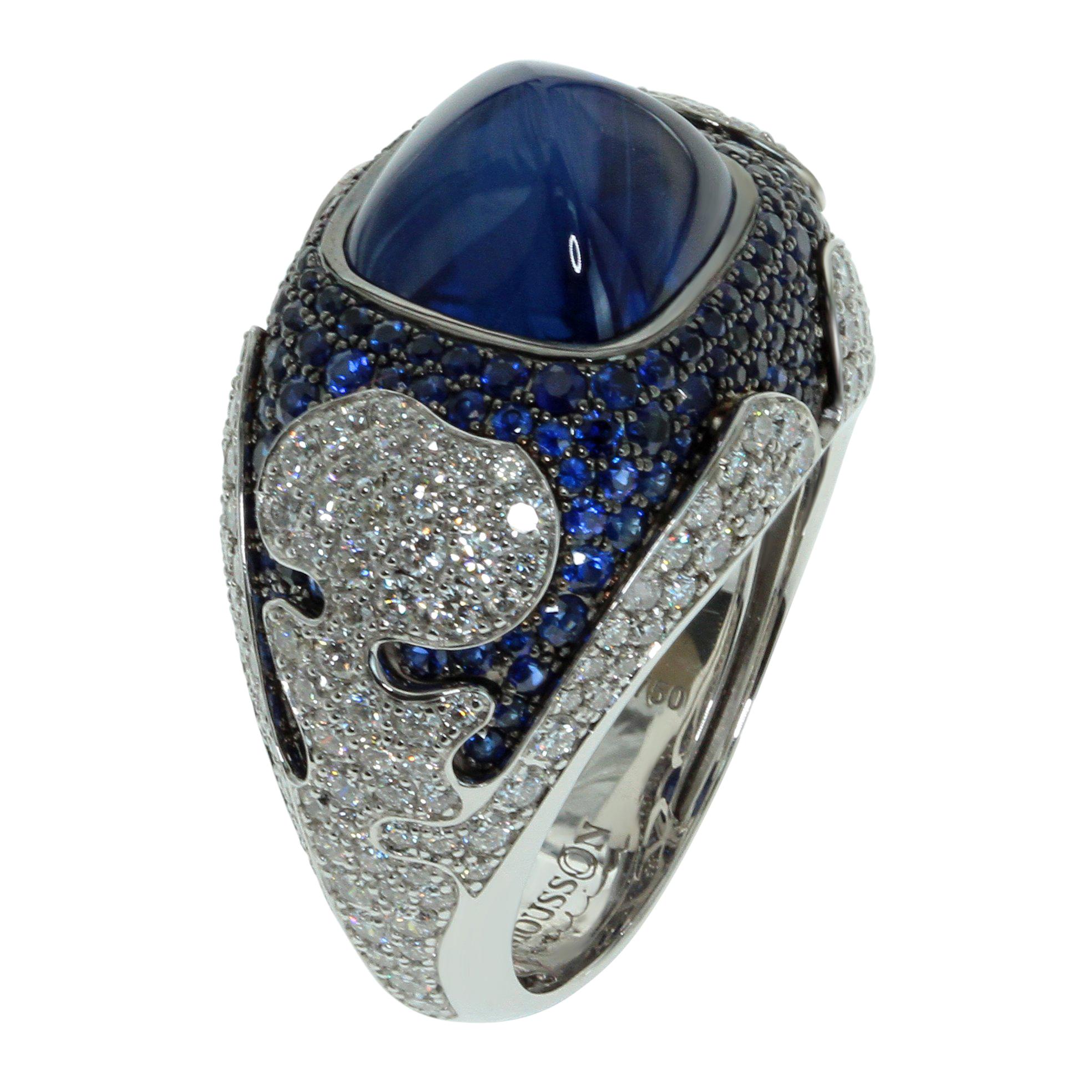 Blue Sapphire 10.31 Carat Diamonds 18 Karat White Gold Maghreb Ring