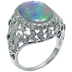 Vintage Art Deco Style 3.17 Carat Autralian Opal and Diamond Platinum Ring