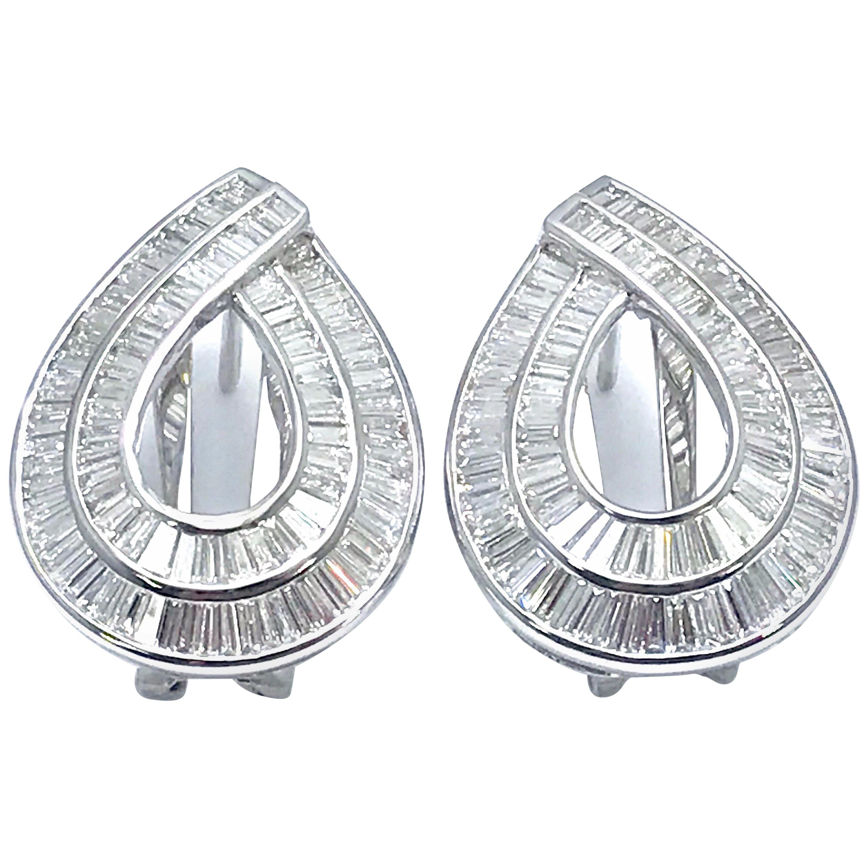 3.75 Carat Channel Set Baguette Diamond and White Gold Clip/Post Earrings