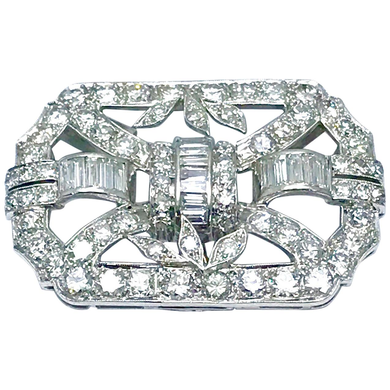 4.10 Carat Diamond Art Deco Style Platinum Brooch Pendant