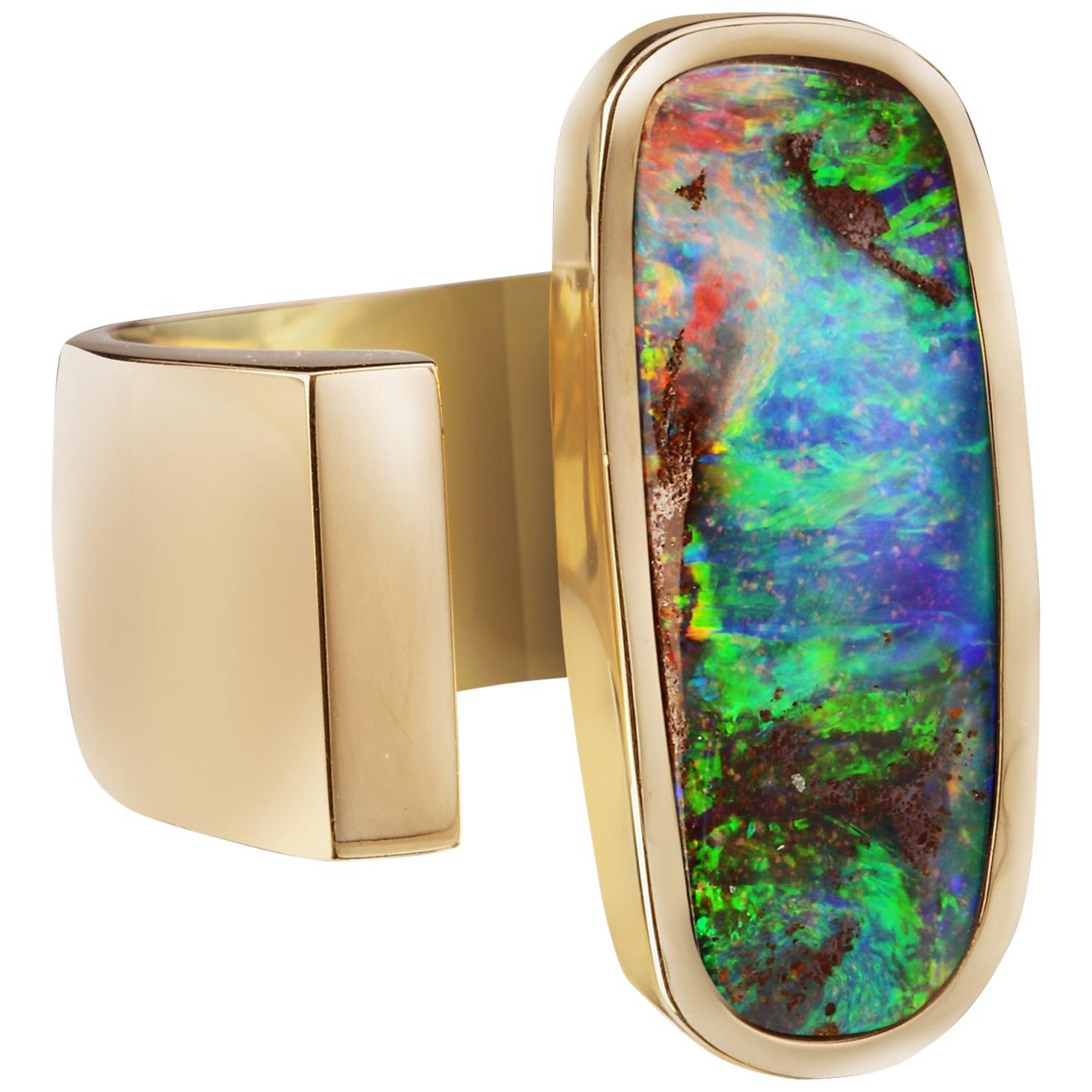 Yellow Gold Top Quality Australian Boulder Opal Cocktail Ring For Sale