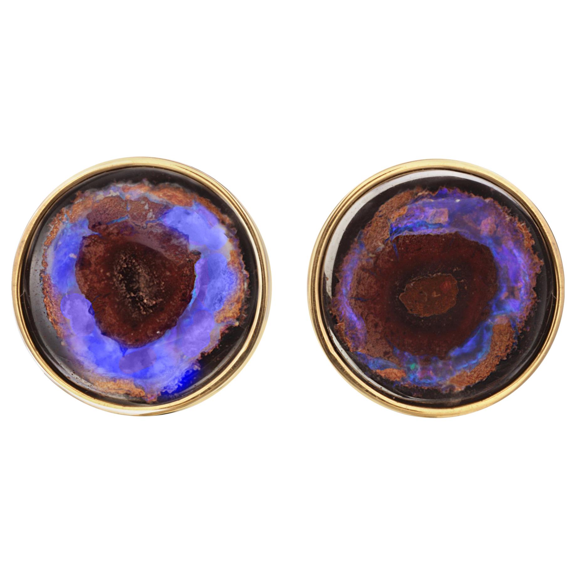 Yellow Gold Australian Boulder Opal Stud Earrings For Sale