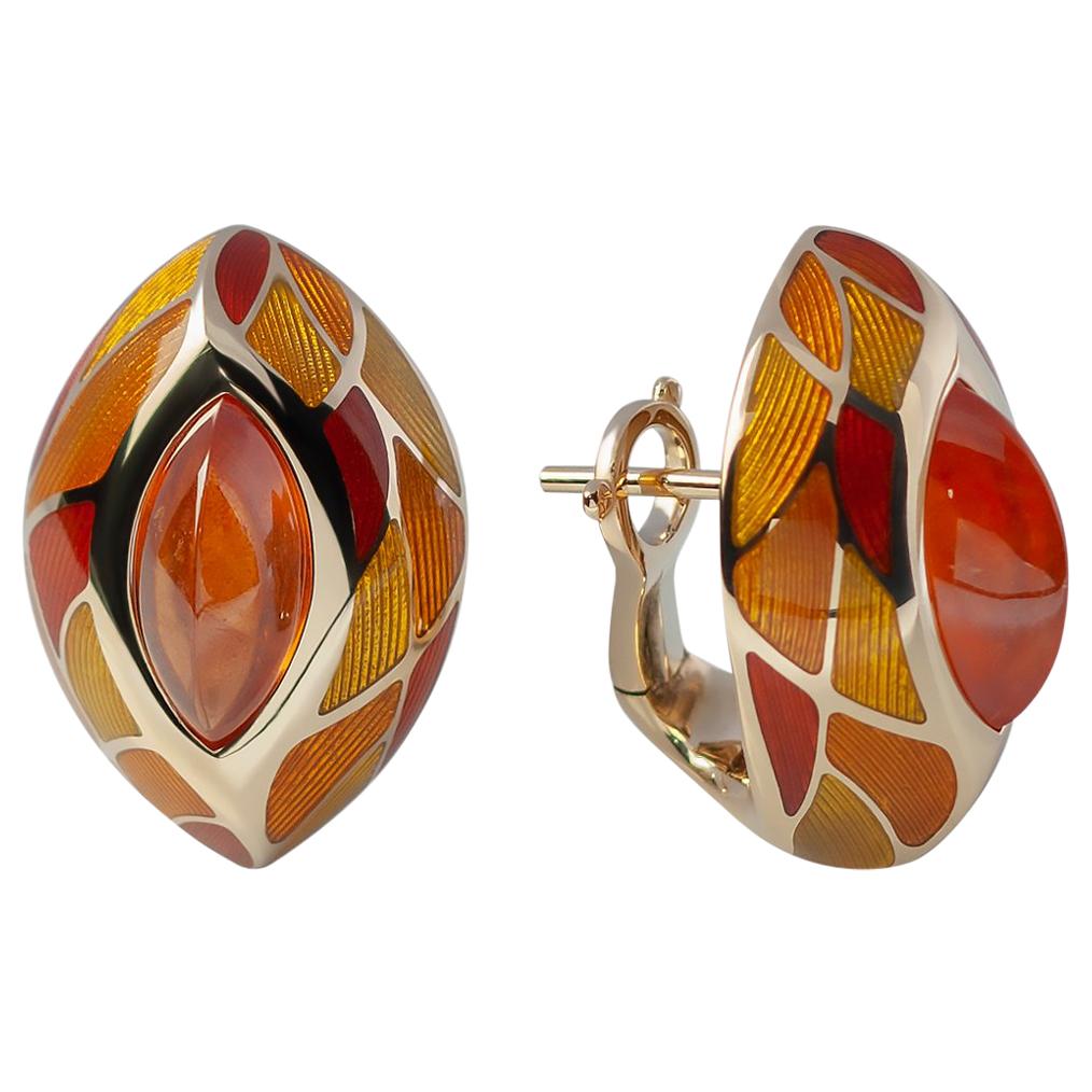 Boucles d'oreilles en or jaune 18 carats avec grenat spessartine et émail de 6,40 carats