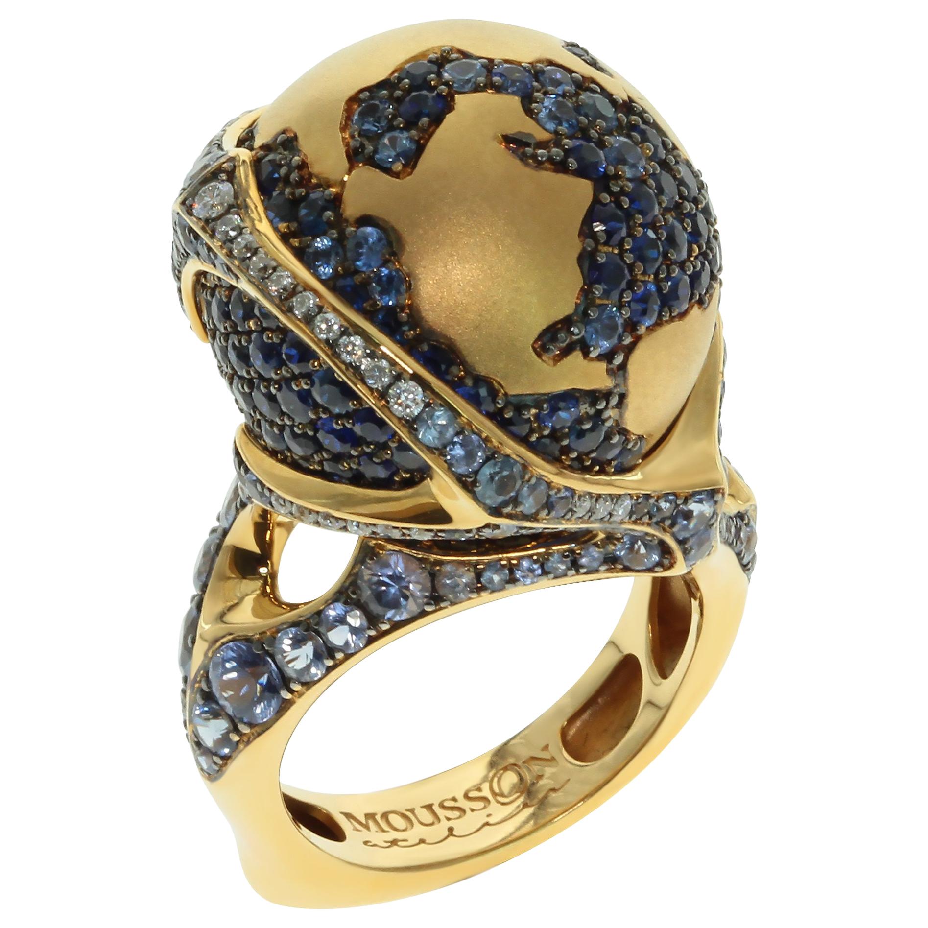 Globe Ring Diamonds Sapphire 18 Karat Yellow Gold For Sale