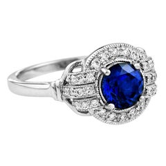 Vintage Natural Blue Sapphire Diamond Engagement Ring