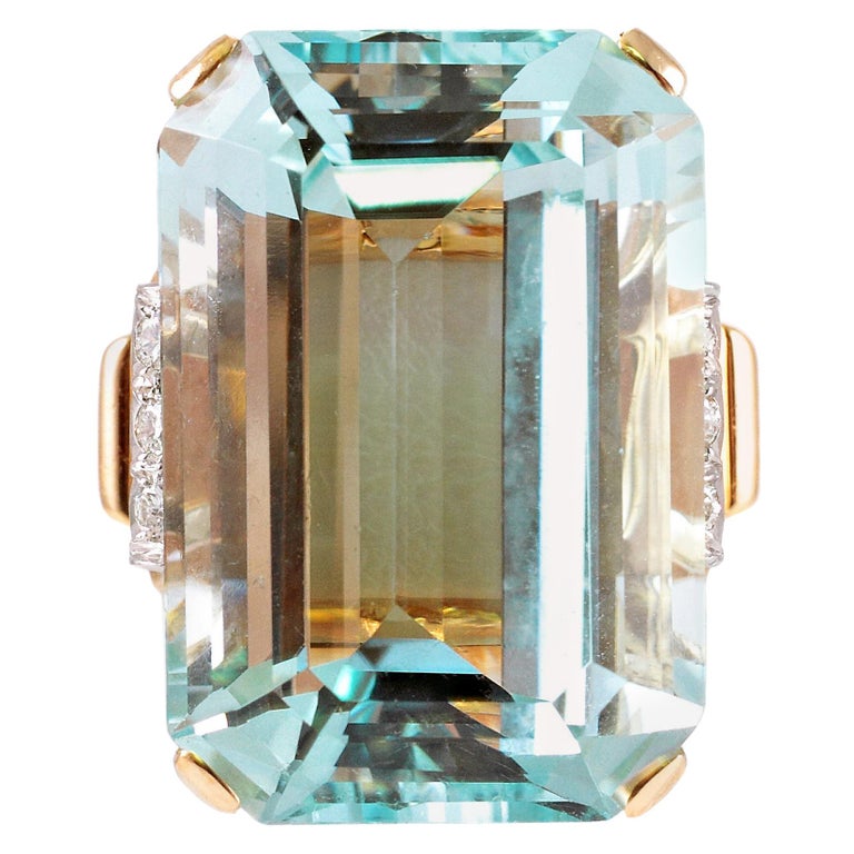 30 Carat Aquamarine and Diamond Ring in 14 Karat Yellow Gold at 1stDibs