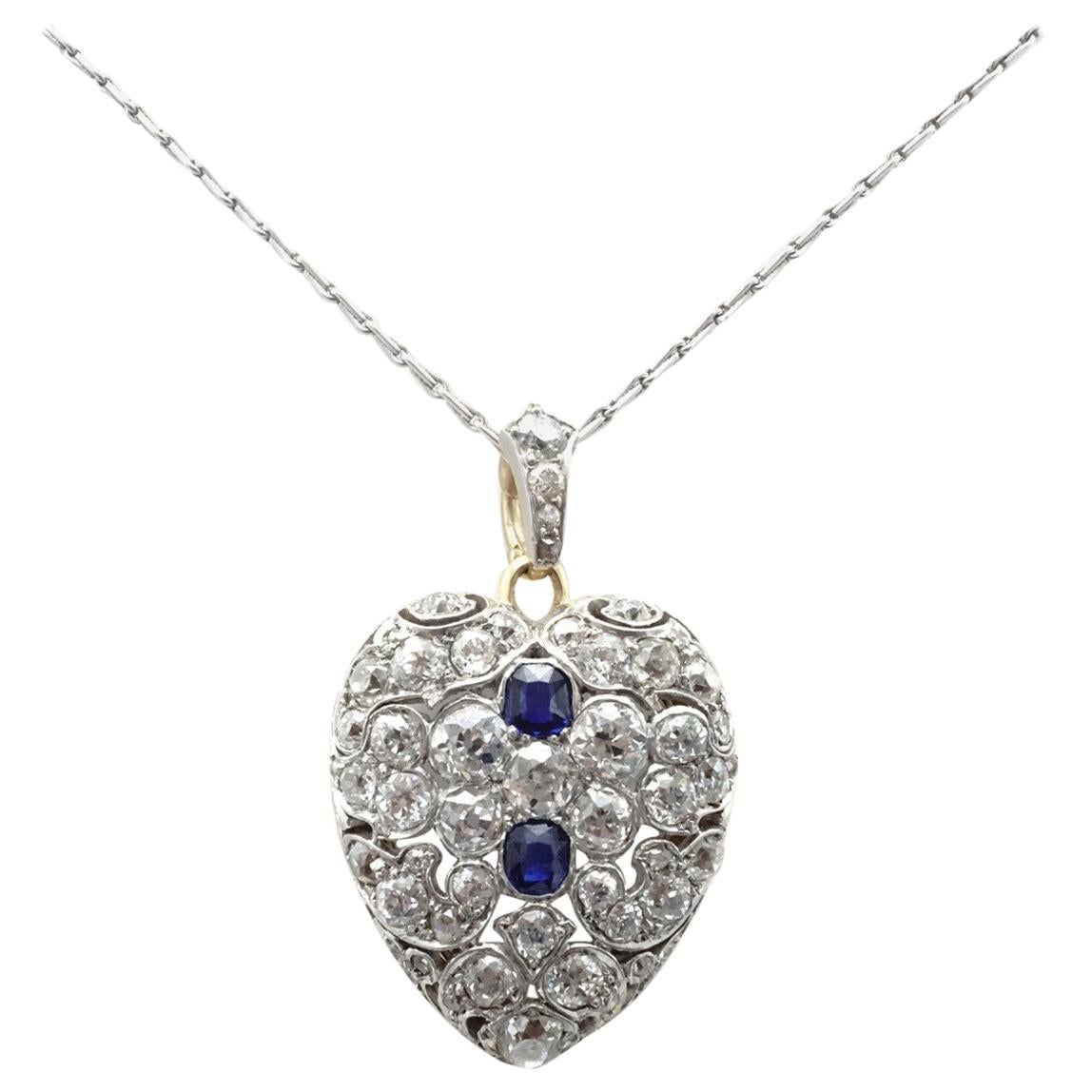 Edwardian Diamond Sapphire Locket and Chain
