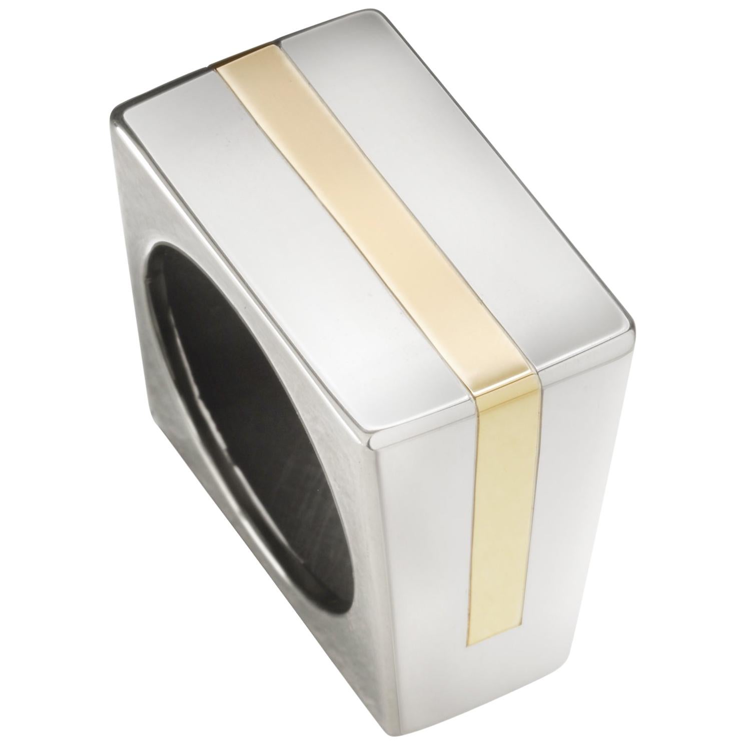 Sterling Silver and Yellow Gold Sculptural minimalist Square Ring