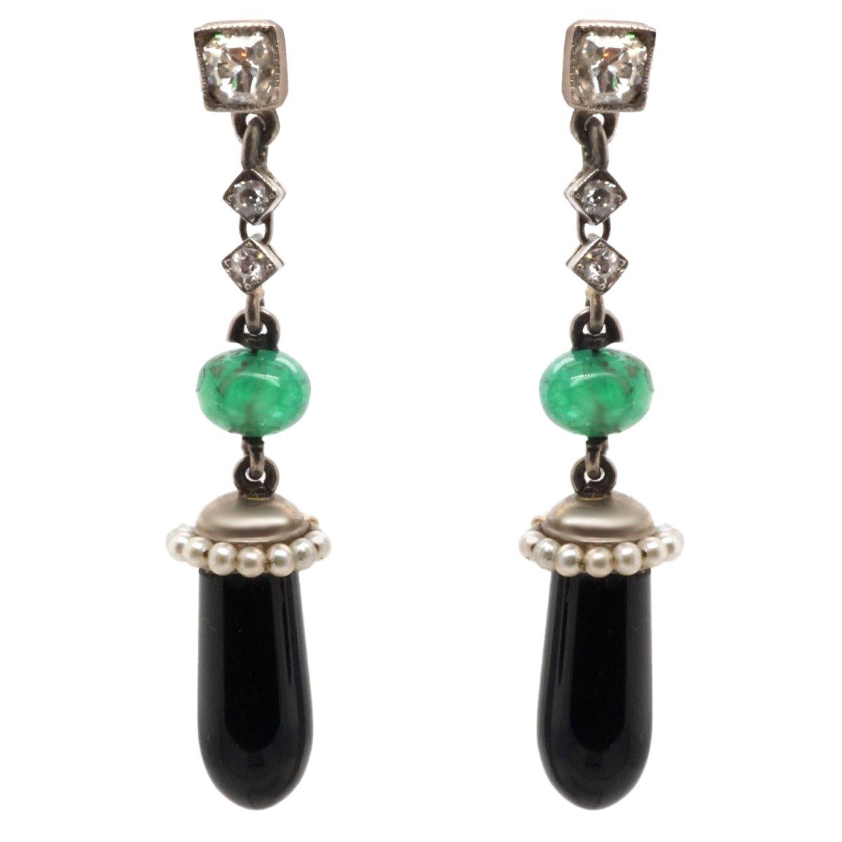 Art Deco Style Diamond Emerald Onyx 18 Karat Gold Earrings