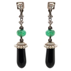 Retro Art Deco Style Diamond Emerald Onyx 18 Karat Gold Earrings