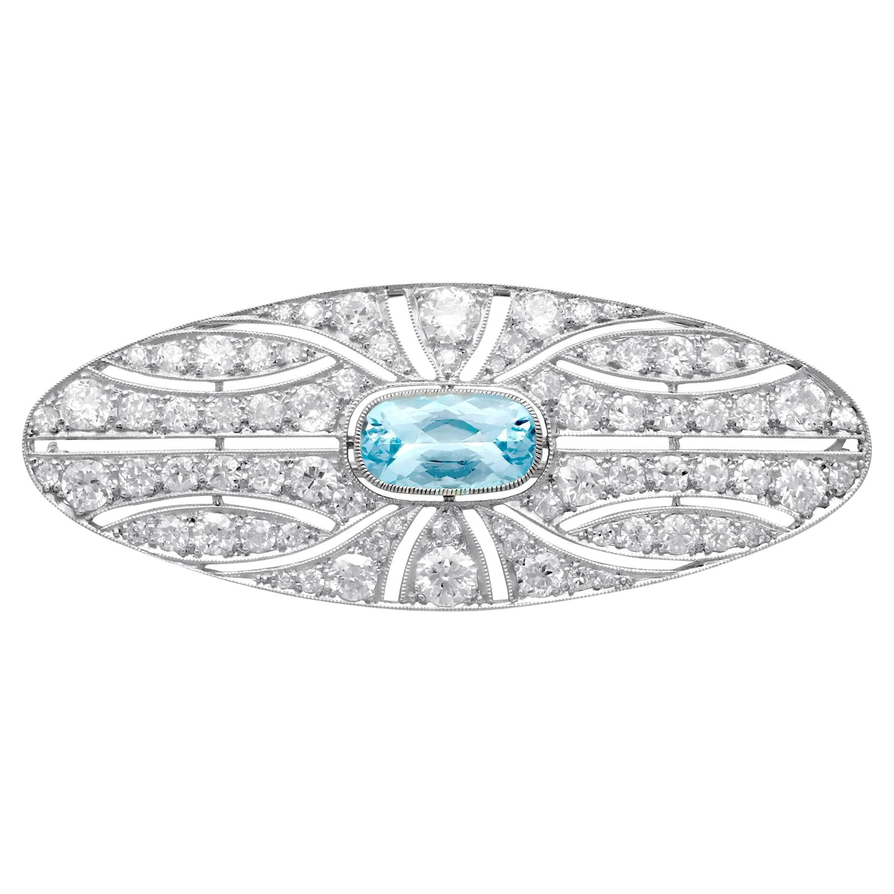 Antique French 2.79 Carat Aquamarine 4.96 Carat Diamond White Gold Brooch For Sale