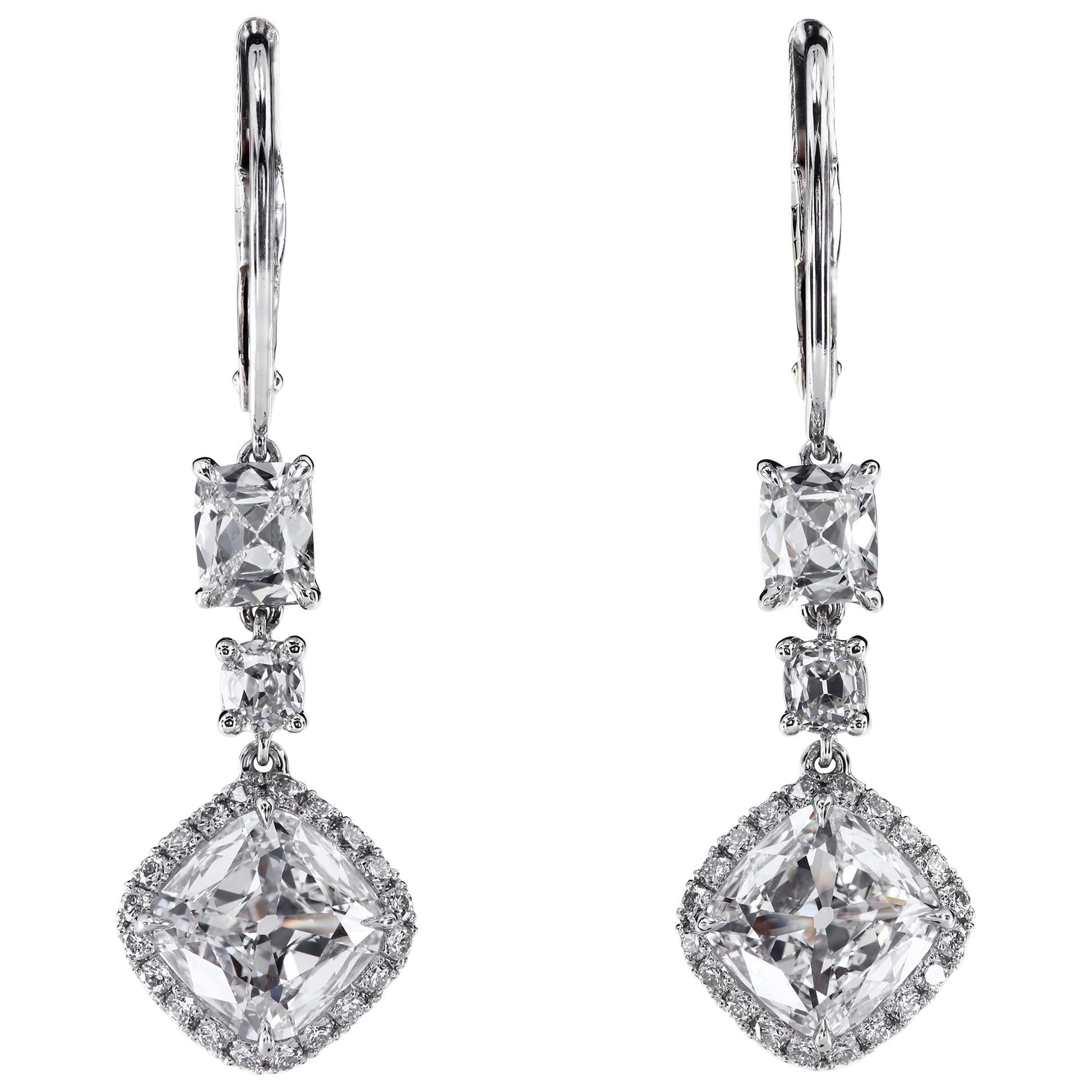 Leon Mege Platinum Drop Earrings with Antique Cushion Diamonds and Micro Pave