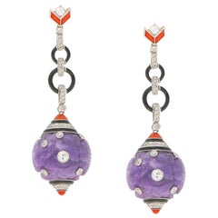 French Art Deco Amethyst, Diamond, Coral, Enamel Drop Cocktail Drop Earrings