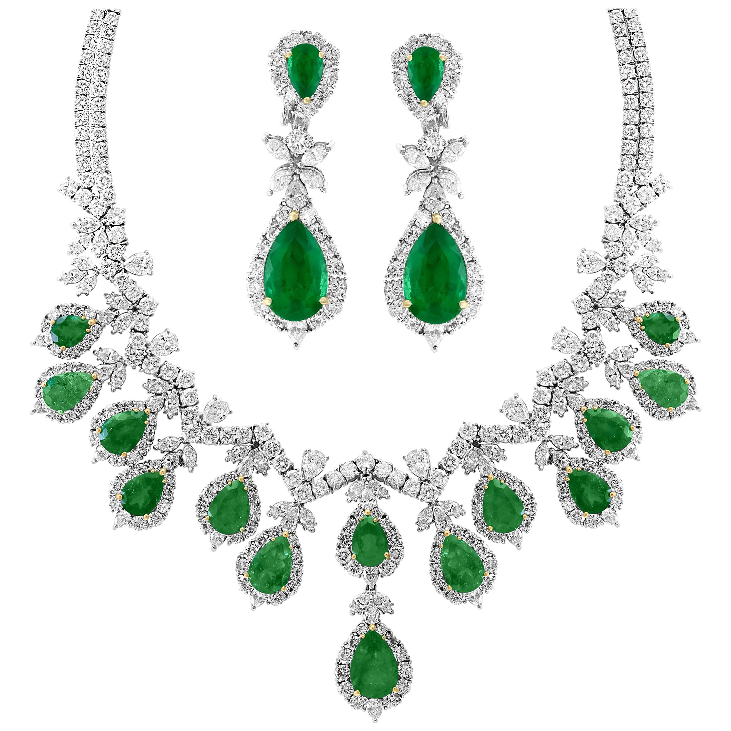AGL Certified Colombian Emerald & Diamond Necklace & Earring Suite In Platinum