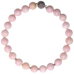 Pink Opal Bead Necklace With Diamond 18k White Gold Clasp and Diamond Rondelles