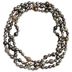Tahitian and Fresh Water Pearl Necklace with Rubies and Gold-Tone Accents
