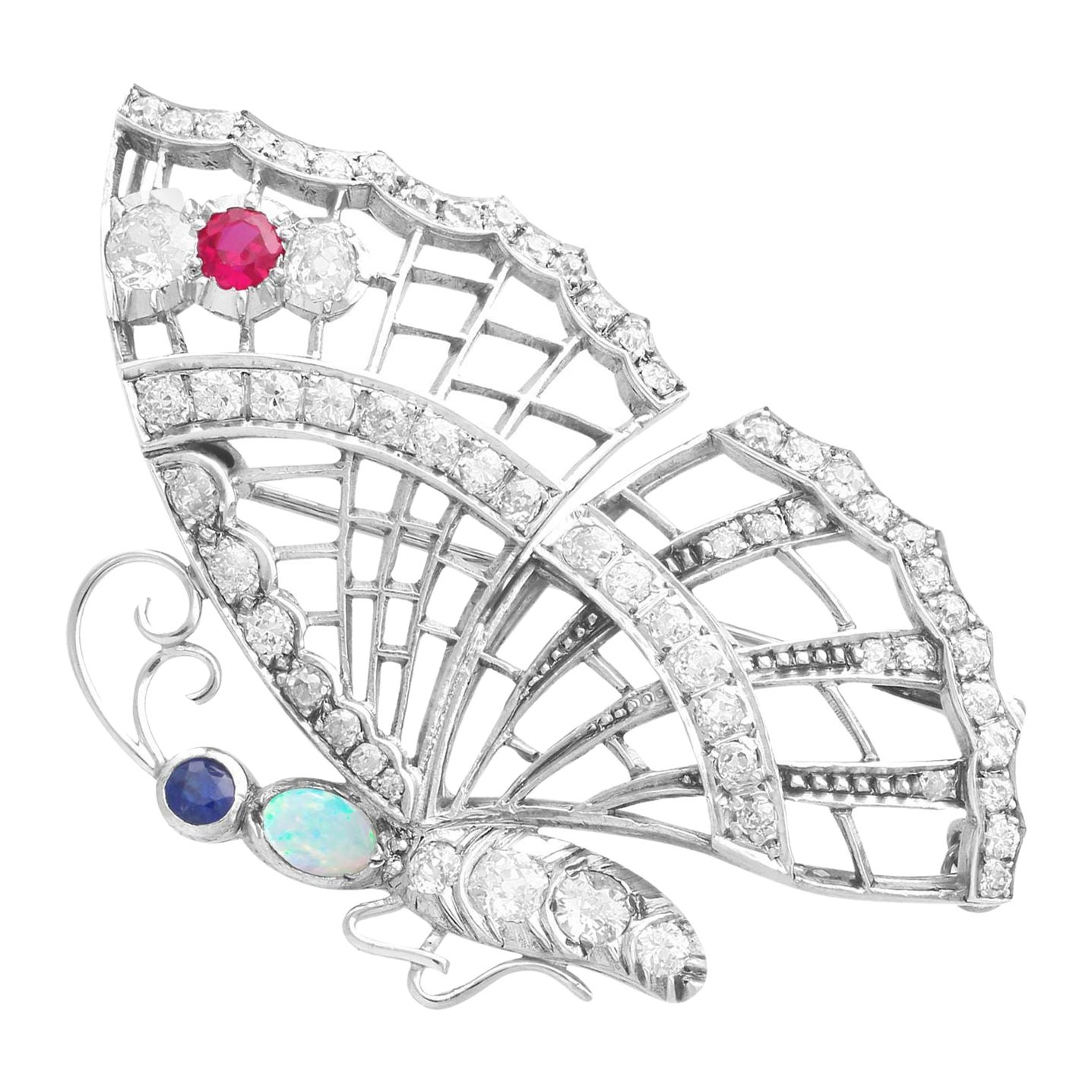 1940s Opal Ruby Sapphire and 3.50ct Diamond Butterfly Brooch
