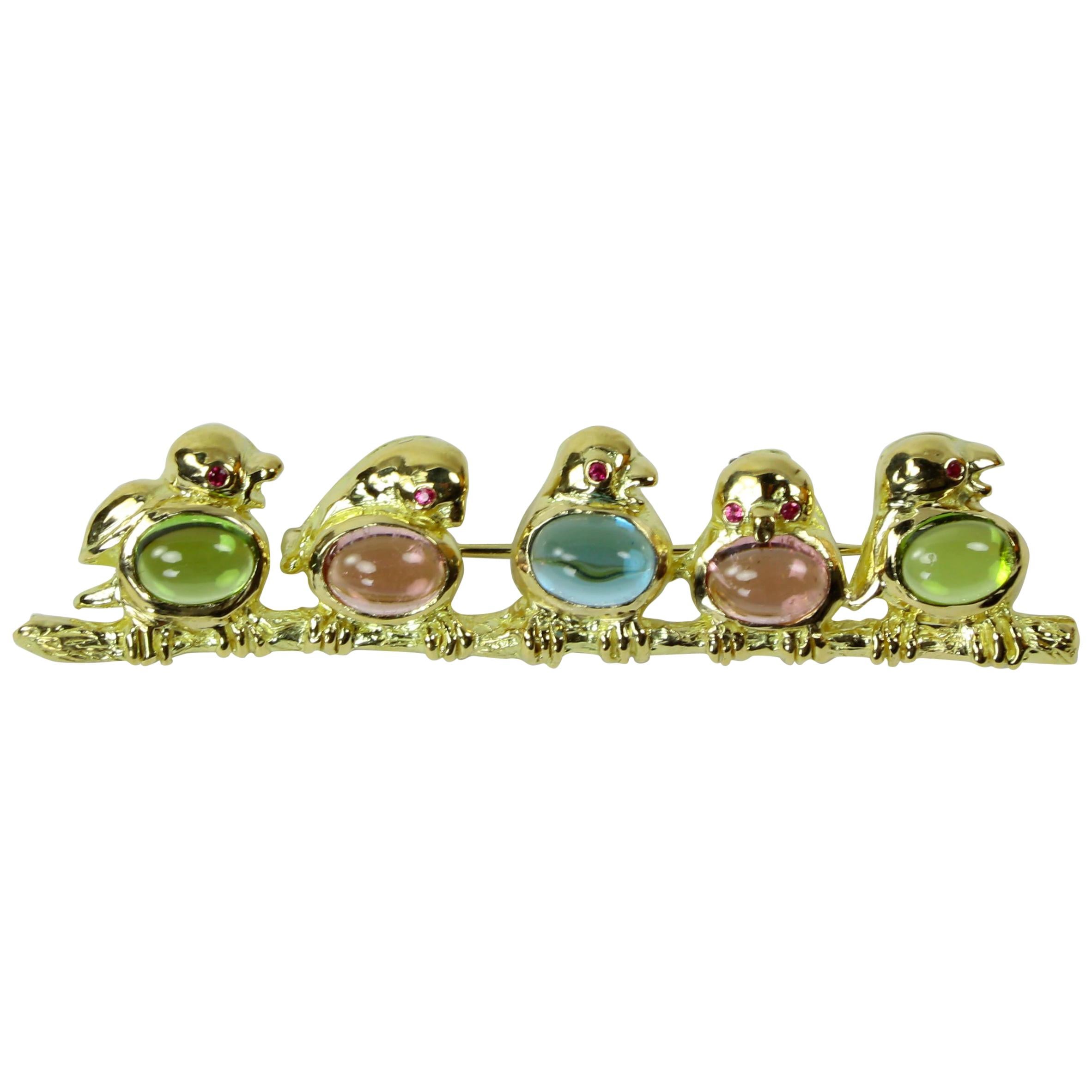 Birds Perched on a Branch Multi Gem Stones Gold Brooch Pin