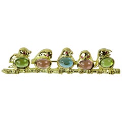 Birds Perched on a Branch Multi Gem Stones Gold Brooch Pin
