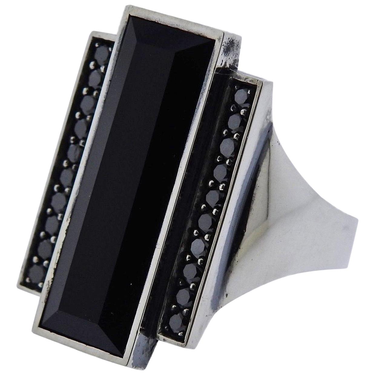 Georg Jensen Nocturne Black Diamond Onyx Sterling Silver Ring For Sale