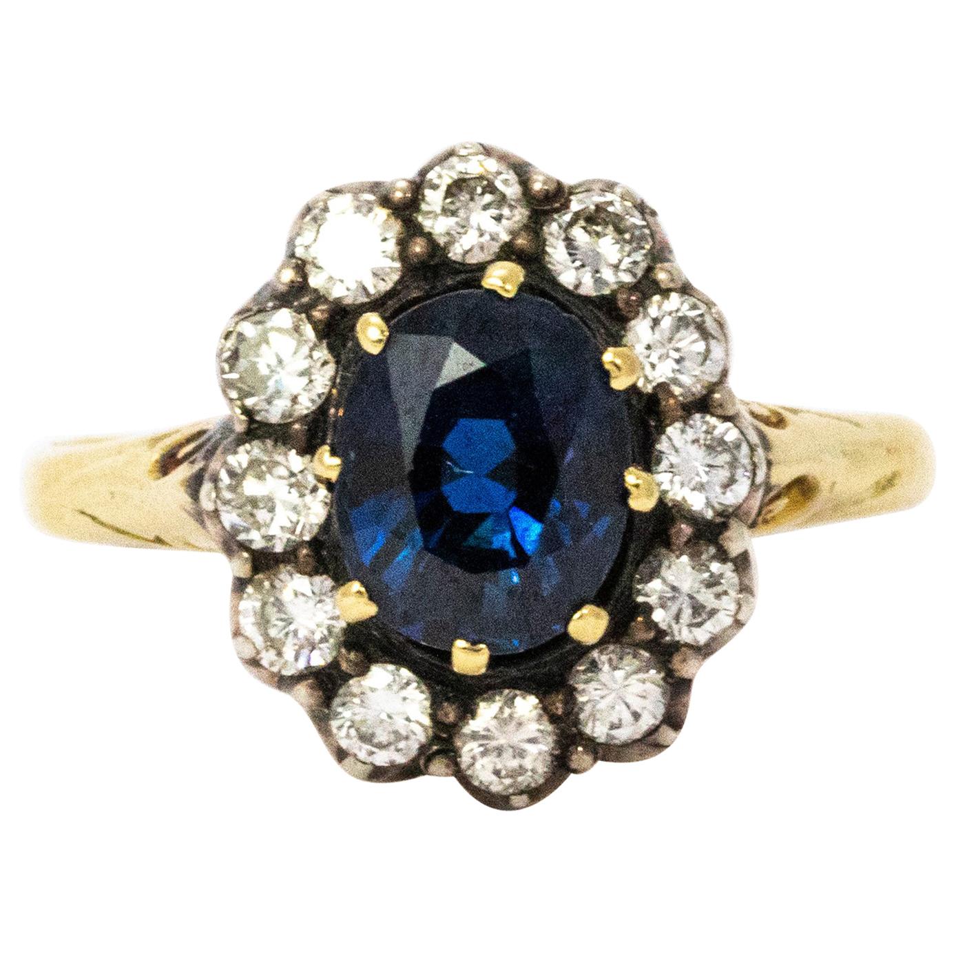 Victorian Sapphire Diamond 18 Karat Yellow Gold Cluster Ring