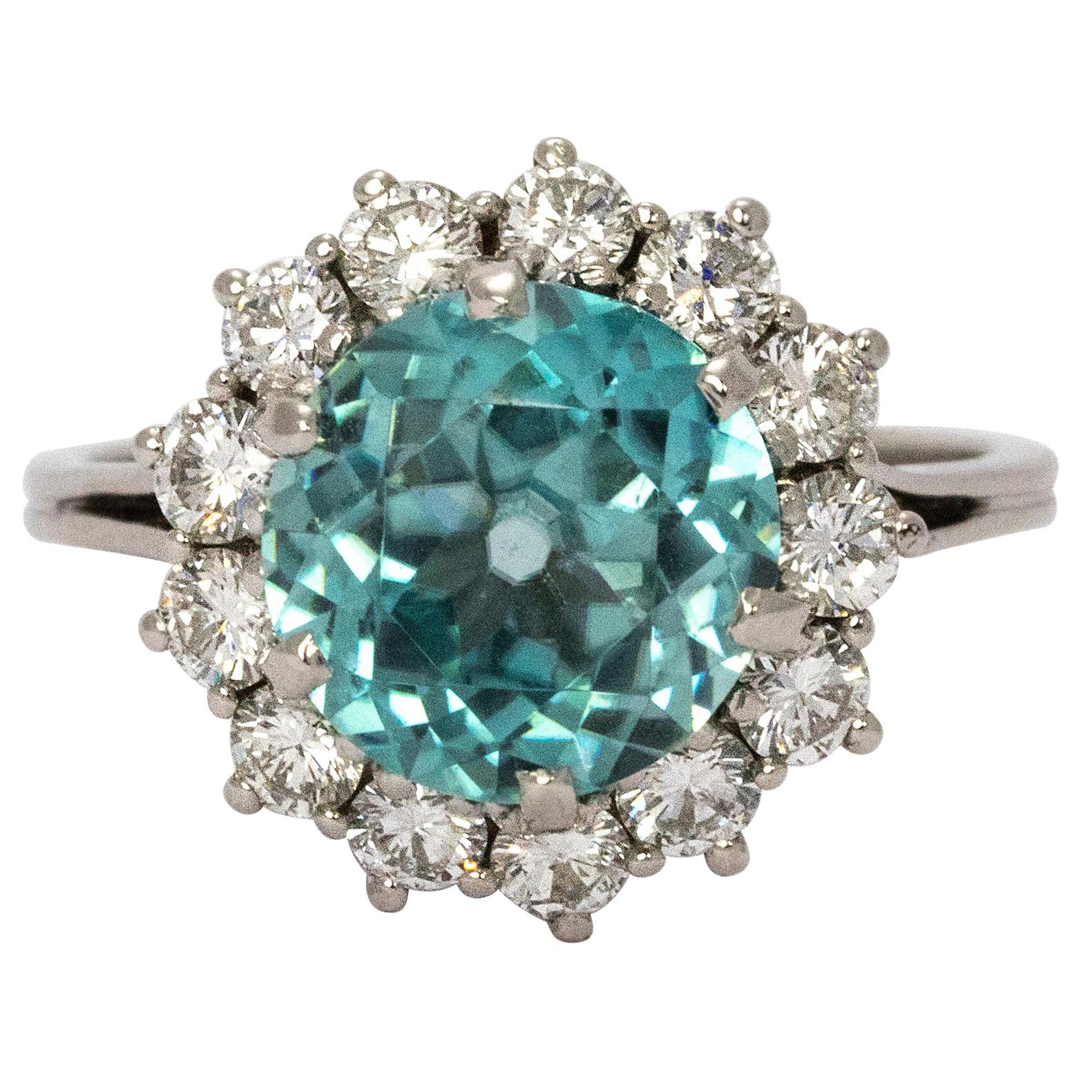 1950s Blue Zircon and Diamond Cluster 18 Carat White Gold Cocktail Ring