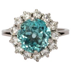 Retro 1950s Blue Zircon and Diamond Cluster 18 Carat White Gold Cocktail Ring